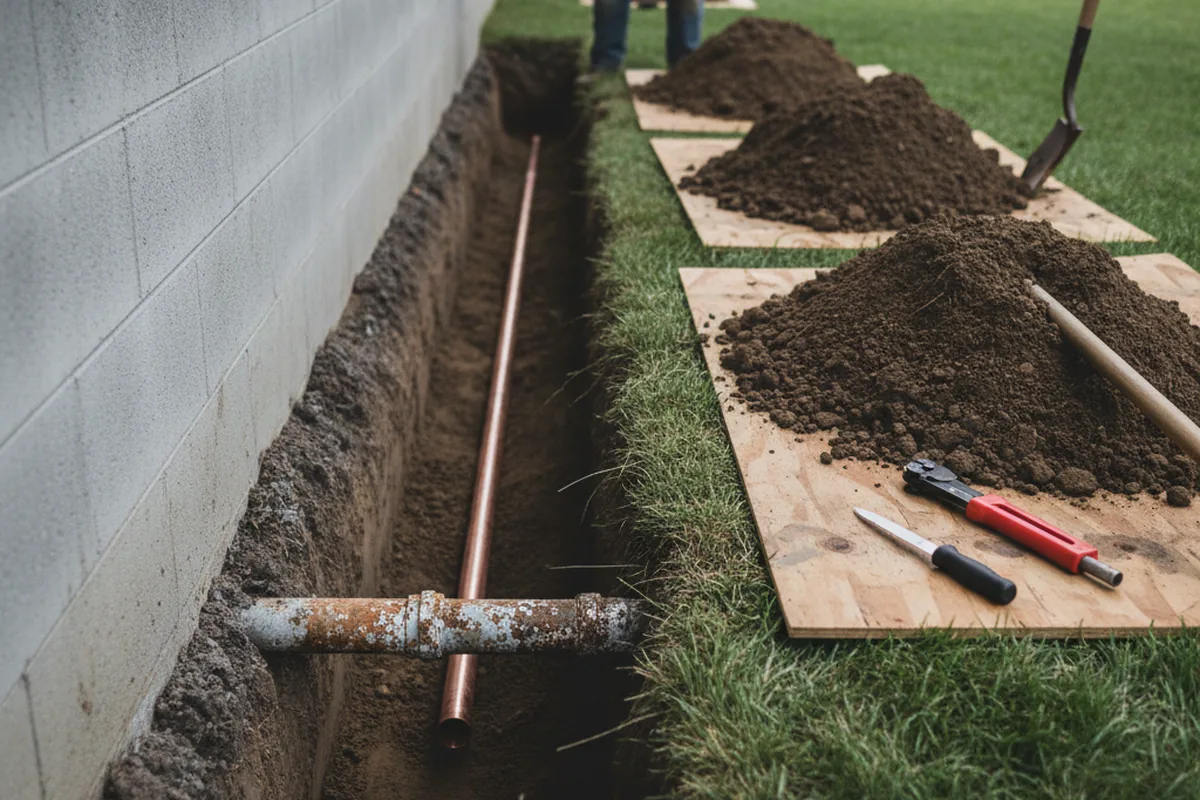 Excavated water line trench during Water Softener Installation in Archer